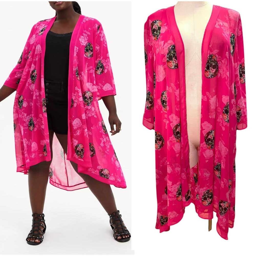 Torrid 3 (3X 22/24) Hot Pink Chiffon Skull Tattoo Open Front Hi Lo Kimono Blouse